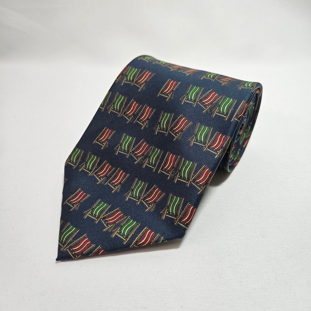 Jim‎ Thompson Mens Silk Tie Navy Blue Beach Deck Chair Red Green Stripe 3.5"x57"
